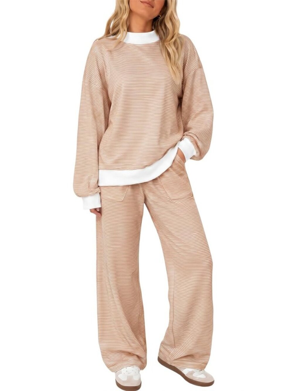 Womens Striped 2 Piece Lounge Set Mock neck Tracksuit Outfits